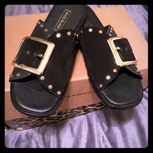 Thick buckle, studded suede sandals